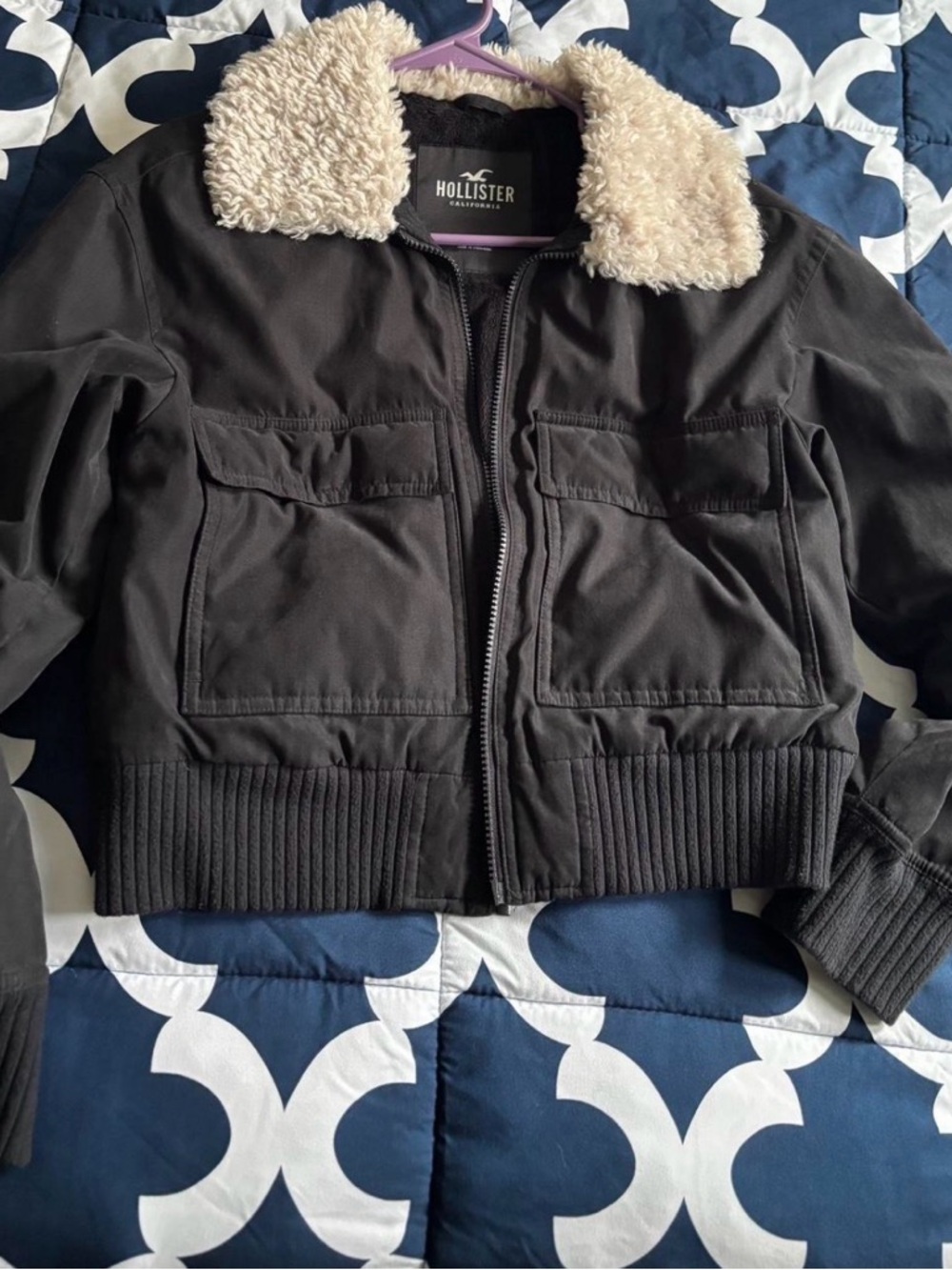 Hollister Black Bomber Jacket with Cream Sherpa Collar